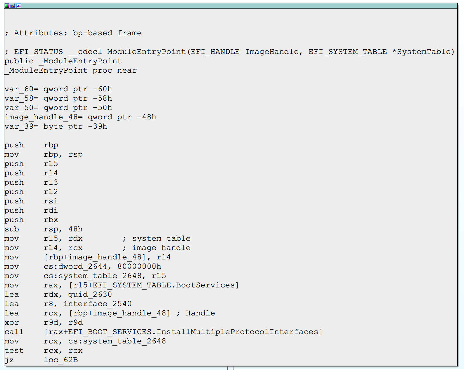 Marked up UEFI image entry in IDA